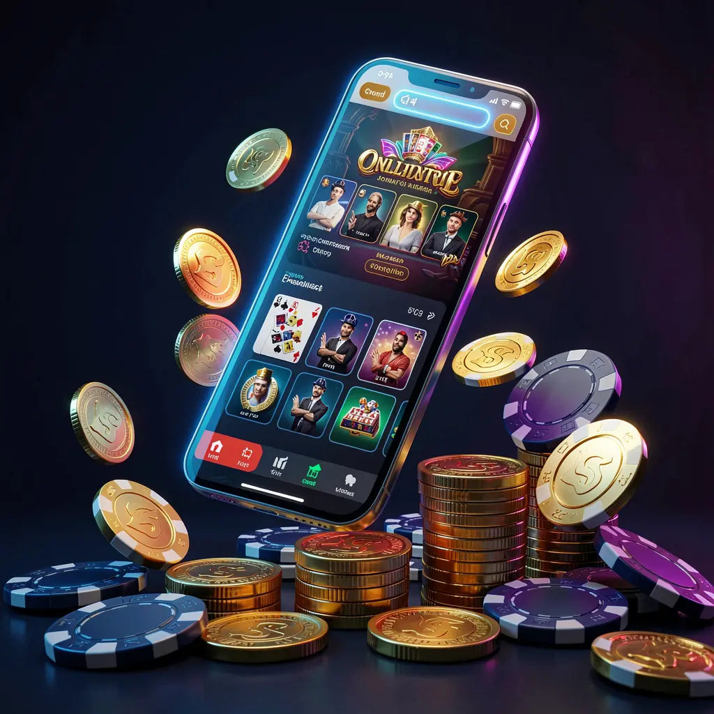 600VIP online casino app promotion banner featuring a phone floating above golden coins and poker chips with a dark blue and black background and cinematic neon glow in a realistic 3D render