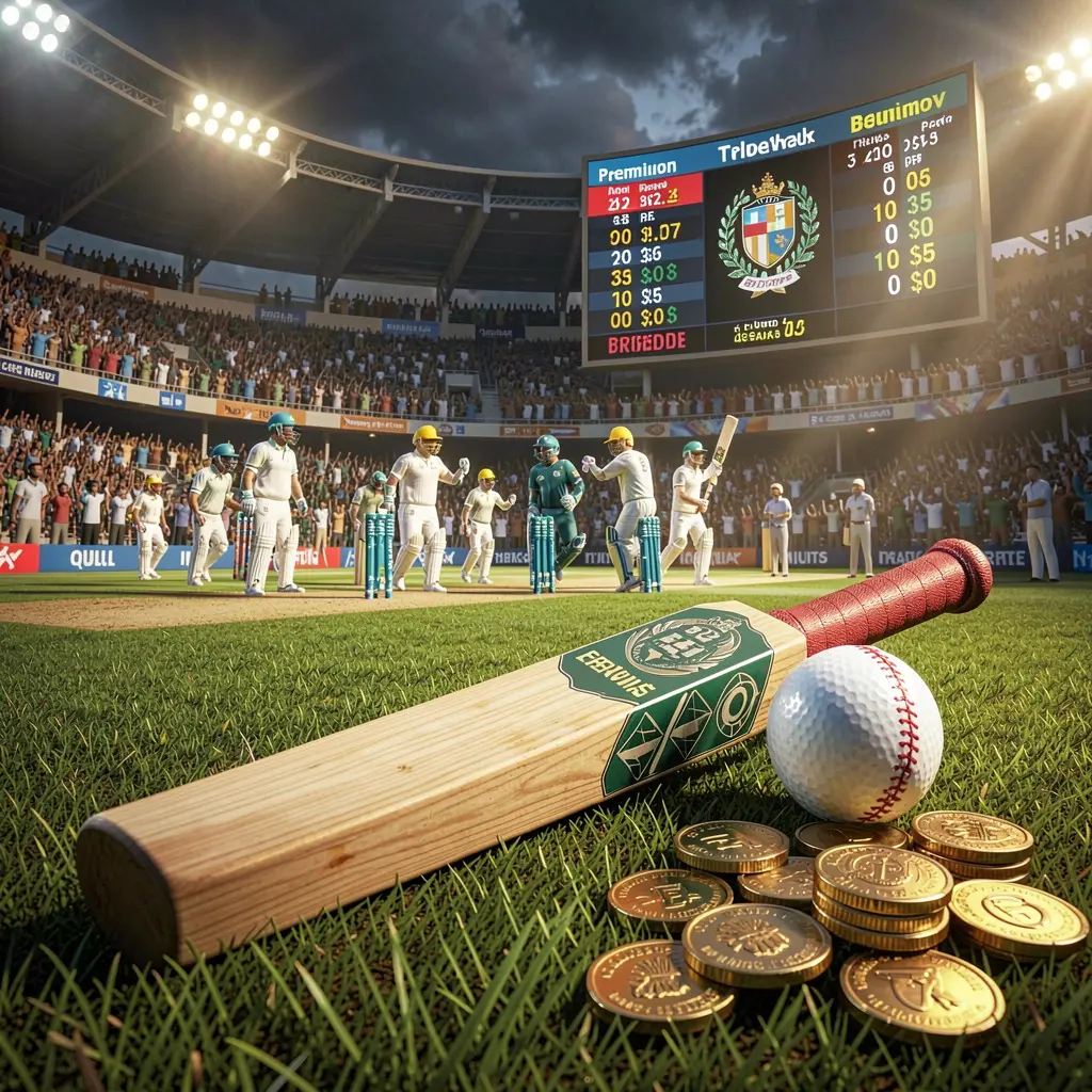 600VIP premium cricket betting scene featuring a cricket stadium filled with a cheering crowd, a bat and ball in the foreground, digital odds graphics, and coins under dramatic lighting in a high detail 3D render
