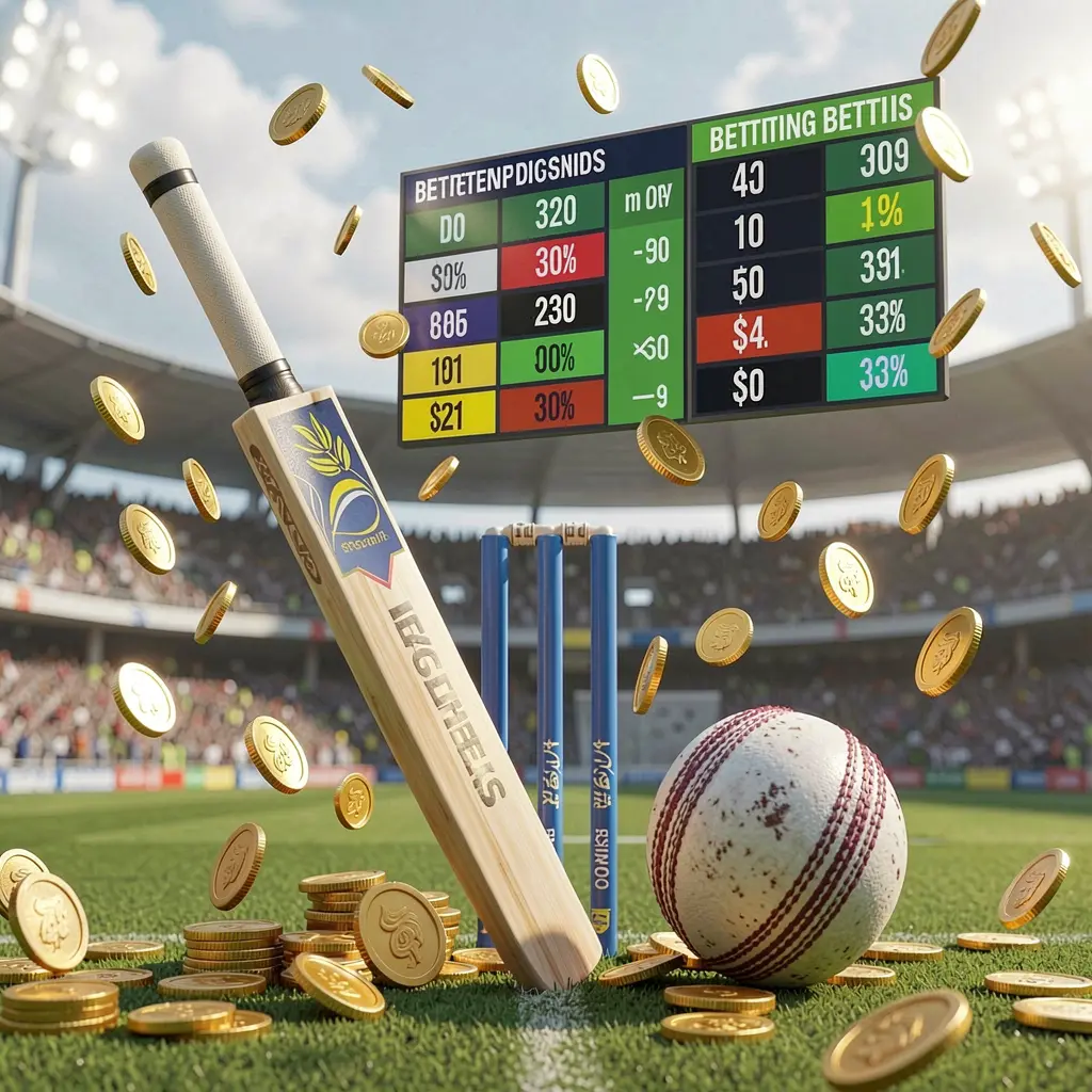 600VIP sports betting page visual showing a cricket bat, cricket ball, and wickets on stadium grass with a floating betting odds interface and golden coins flying in a realistic 3D illustration
