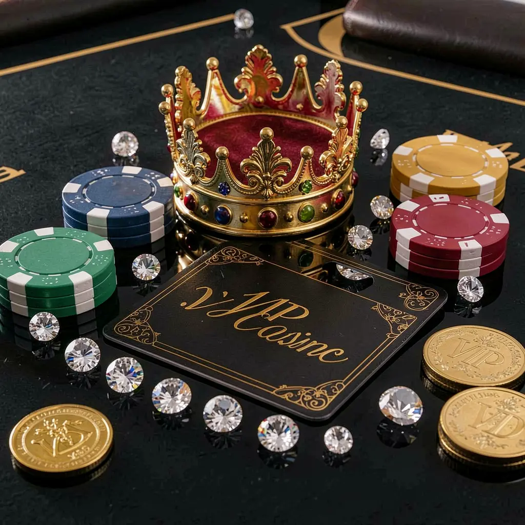 600VIP VIP casino bonus concept featuring a golden crown, luxury membership card, poker chips, diamonds, and coins arranged on a glossy black table in an elegant premium style