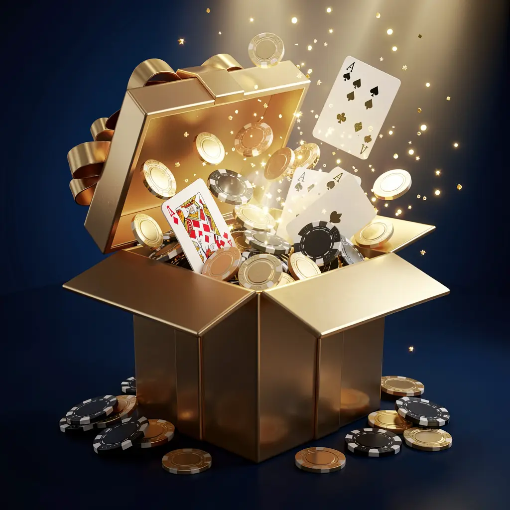A luxurious welcome bonus scene for 600VIP online casino featuring an open golden gift box with casino chips, playing cards, and sparkling coins bursting out against a premium dark blue and black background with a bright golden glow in an elegant festive mood