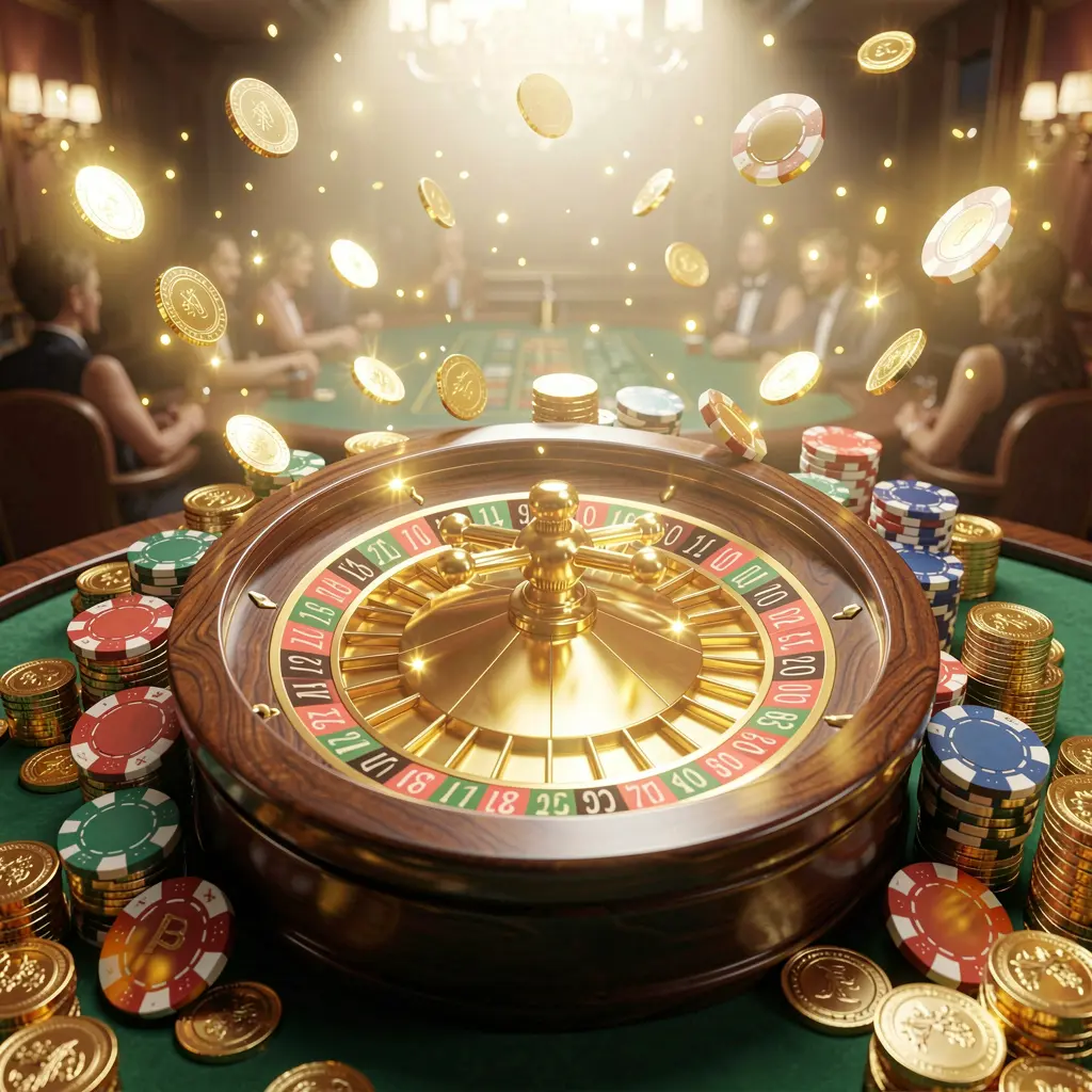 600VIP casino jackpot scene with golden coins, poker chips, roulette wheel, and bright glowing lights in a luxury celebration atmosphere