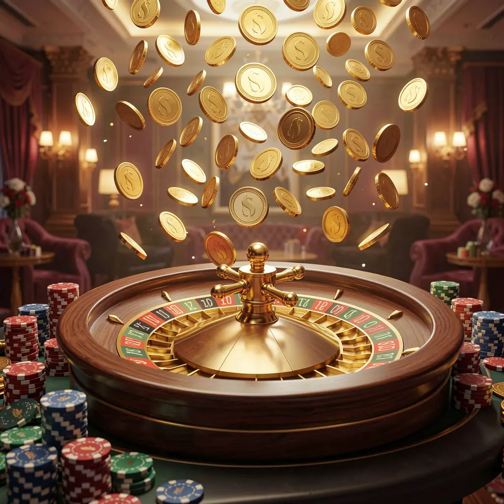 600VIP premium online casino banner with golden coins raining over a roulette wheel and poker chips against a glowing luxury background in a realistic 3D render