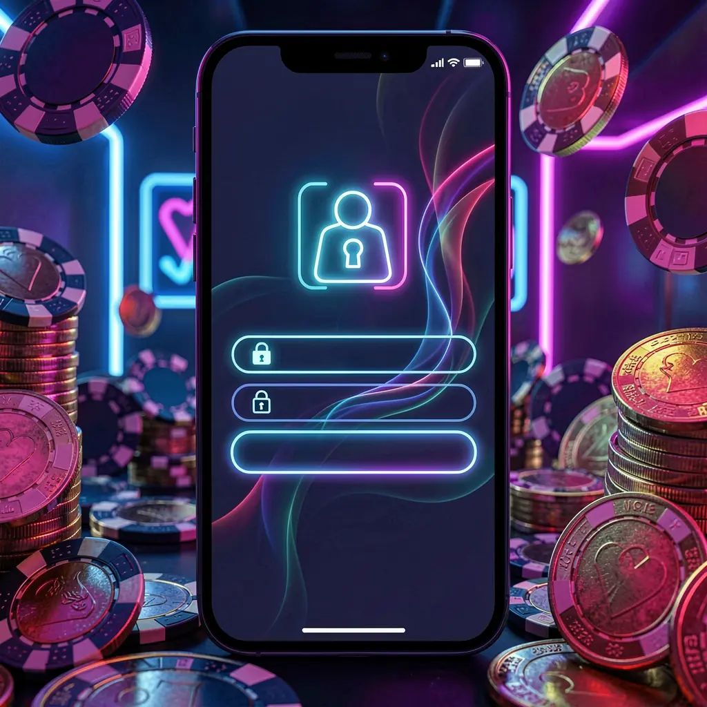 600VIP mobile gaming login page concept showing a smartphone with an abstract login interface featuring user and lock icons, surrounded by casino chips and coins under luxury neon lighting