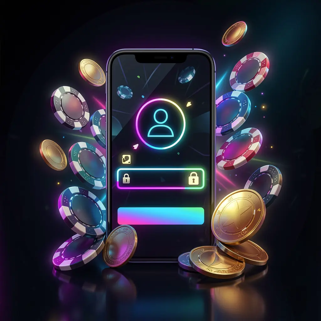 600VIP mobile gaming login page concept showing a smartphone with an abstract login interface featuring user and lock icons, surrounded by casino chips and coins with luxury neon lighting